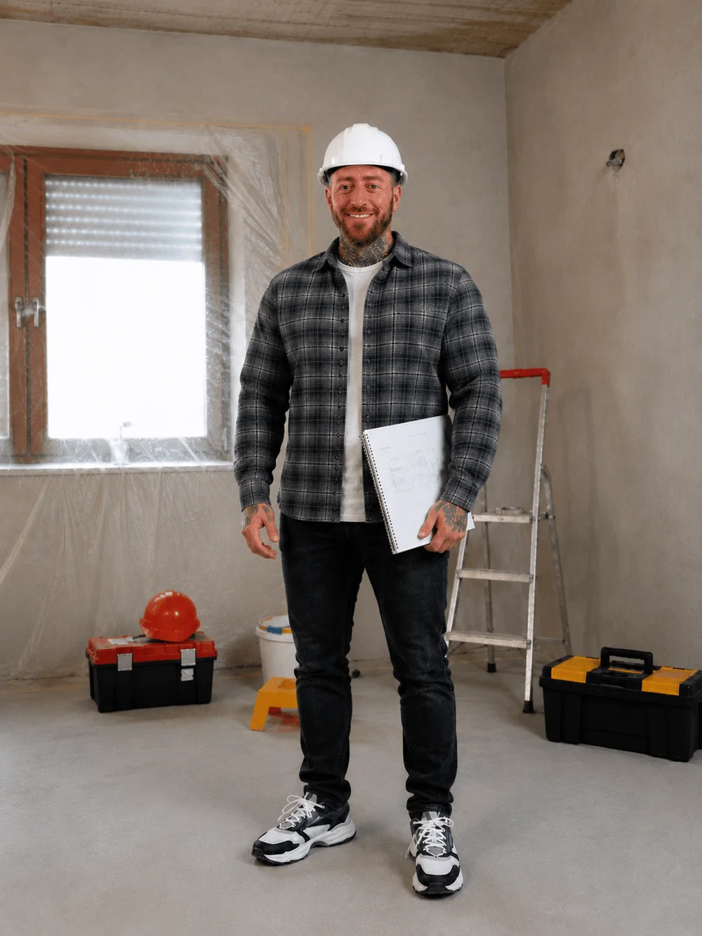 Sebastian Kanzler mit Bauplänen und Helm auf einer Baustelle