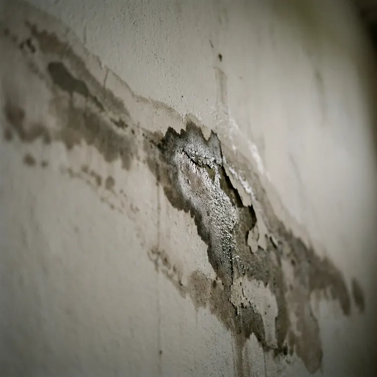 Dunkler Wasserfleck mit aufgequollener Farbe an einer weissen Wand (Symbolbild)